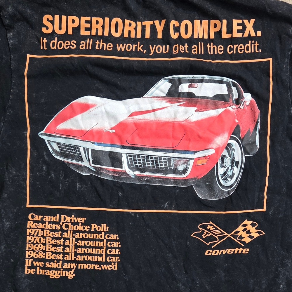 GM Corvette Superiority Complex Graphic T-Shirt Mens Small Black Acid Wash C3